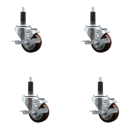 Service Caster 3'' Maroon Poly Swivel 1'' Expanding Stem Caster Set with Brake, 4PK SCC-EX20S314-PPUB-MRN-TLB-1-4